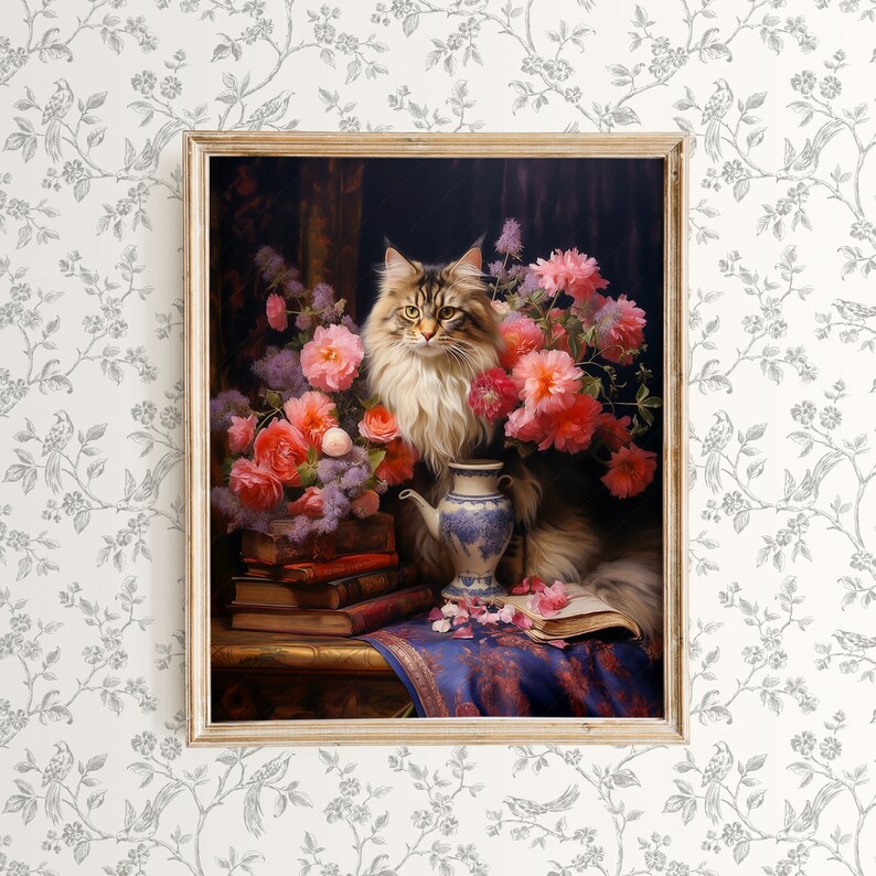 Fleurs et chats, cadeau pour amoureux des chats, impression de chat, nature morte de fleurs sombres, peinture à l'huile ancienne, art félin, art floral de mauvaise humeur, impression de pivoines, maine coon image 5