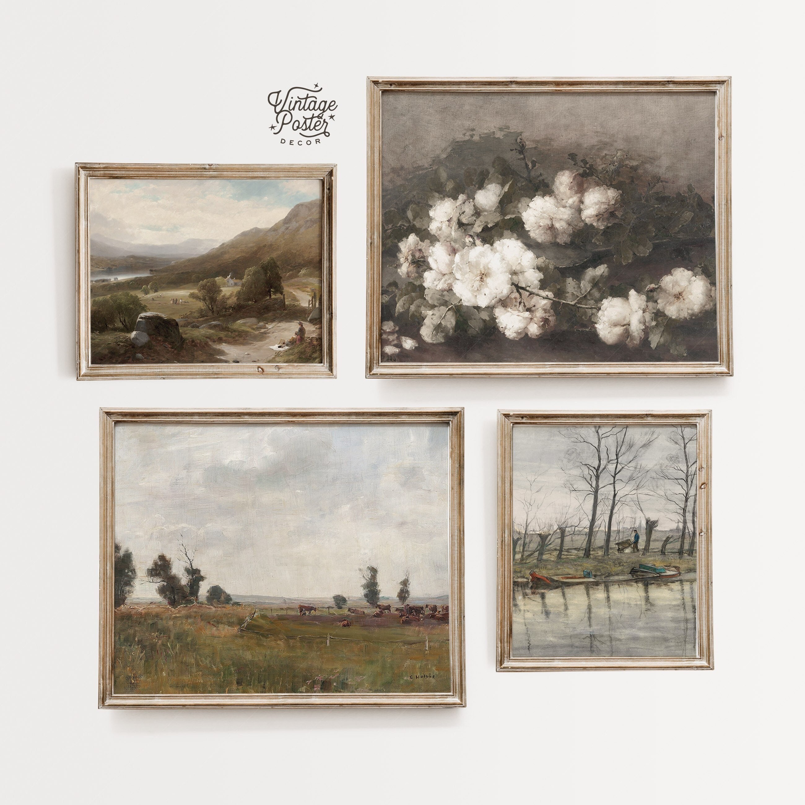 French country Vintage gallery wall Rustic landscape print Life still Oil painting Scenic village art Rural painting Set of 4 wall art