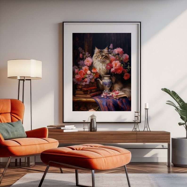 Flowers and Cats Cat lover gift Cat print Dark flower still life Antique oil painting Feline art Moody flower art Peony print Maine Coon image 7