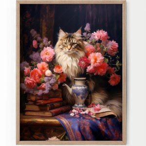 Fleurs et chats, cadeau pour amoureux des chats, impression de chat, nature morte de fleurs sombres, peinture à l'huile ancienne, art félin, art floral de mauvaise humeur, impression de pivoines, maine coon image 1