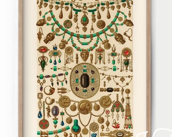 Impression ornement Albert Racinet : illustration de bijoux vintage