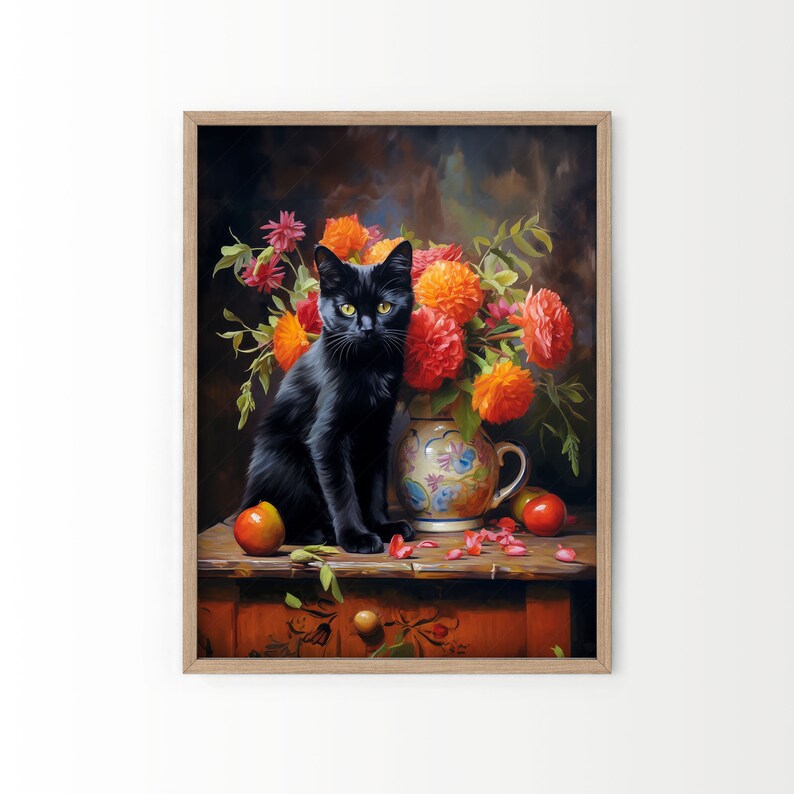 Beautiful black cat Floral still life painting Cat print Cat lover gift Antique oil painting Moody flower art Flowers in vase Bombay cat image 2