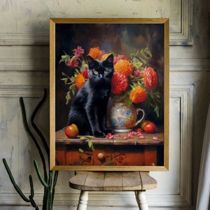 Beautiful black cat Floral still life painting Cat print Cat lover gift Antique oil painting Moody flower art Flowers in vase Bombay cat image 4