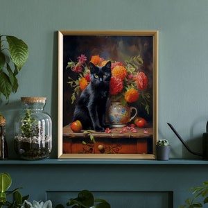Beautiful black cat Floral still life painting Cat print Cat lover gift Antique oil painting Moody flower art Flowers in vase Bombay cat image 6