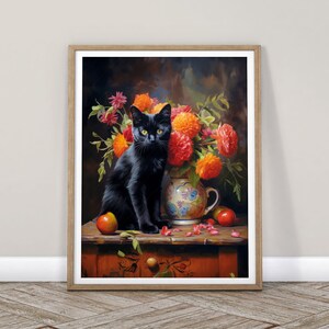 Beautiful black cat Floral still life painting Cat print Cat lover gift Antique oil painting Moody flower art Flowers in vase Bombay cat image 5