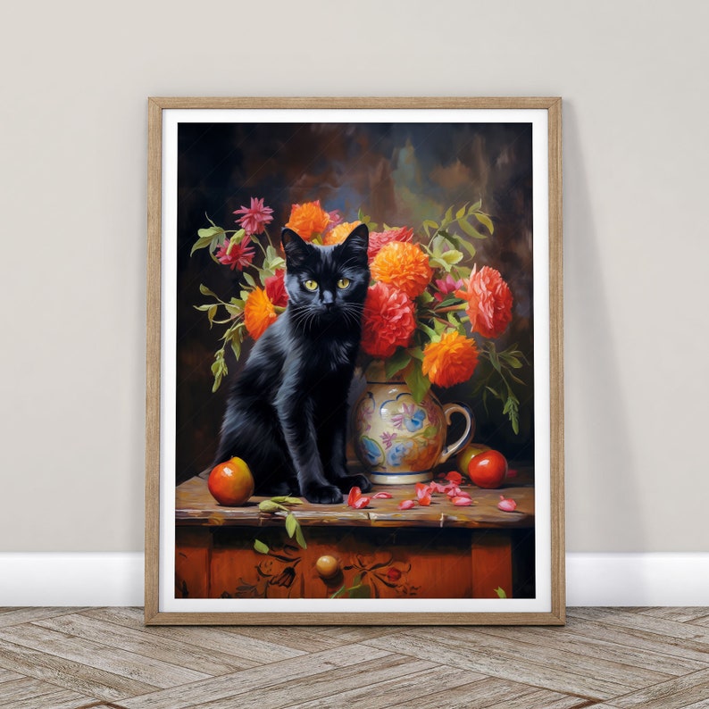 Beautiful black cat Floral still life painting Cat print Cat lover gift Antique oil painting Moody flower art Flowers in vase Bombay cat image 5