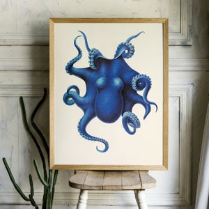 May include: A vintage illustration of a blue octopus with curled tentacles on a white background.
