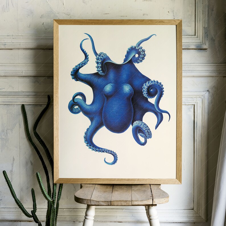 May include: A vintage illustration of a blue octopus with curled tentacles on a white background.