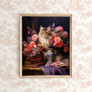 Fleurs et chats, cadeau pour amoureux des chats, impression de chat, nature morte de fleurs sombres, peinture à l'huile ancienne, art félin, art floral de mauvaise humeur, impression de pivoines, maine coon image 8