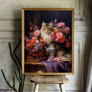 Fleurs et chats, cadeau pour amoureux des chats, impression de chat, nature morte de fleurs sombres, peinture à l'huile ancienne, art félin, art floral de mauvaise humeur, impression de pivoines, maine coon image 4