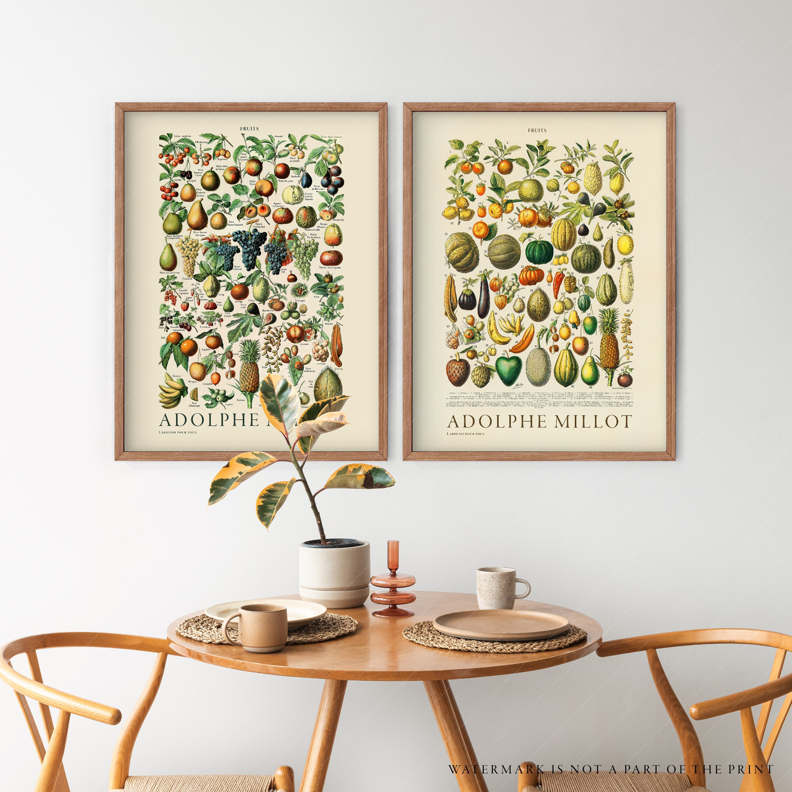 kitchen print set of 2 fruit print vegetable print... Adolphe Milot Kitchen Print Set, Vintage Food Chart Poster - Etsy