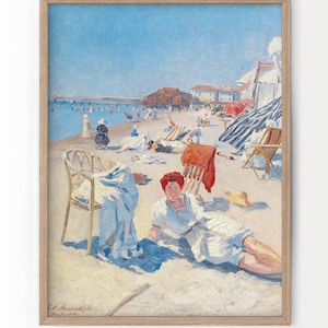 Art estival ancien, décoration murale de plage, paysage vintage, Saint-Tropez, Côte d'Azur, mer rétro, soleil, parasol, impression tropicale 28-5