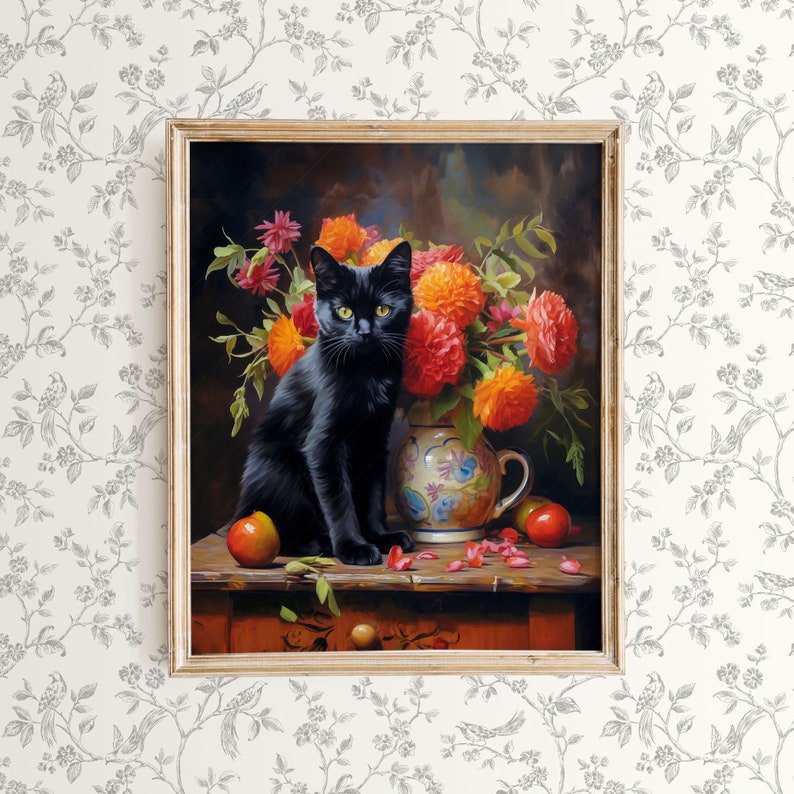 Beautiful black cat Floral still life painting Cat print Cat lover gift Antique oil painting Moody flower art Flowers in vase Bombay cat image 7