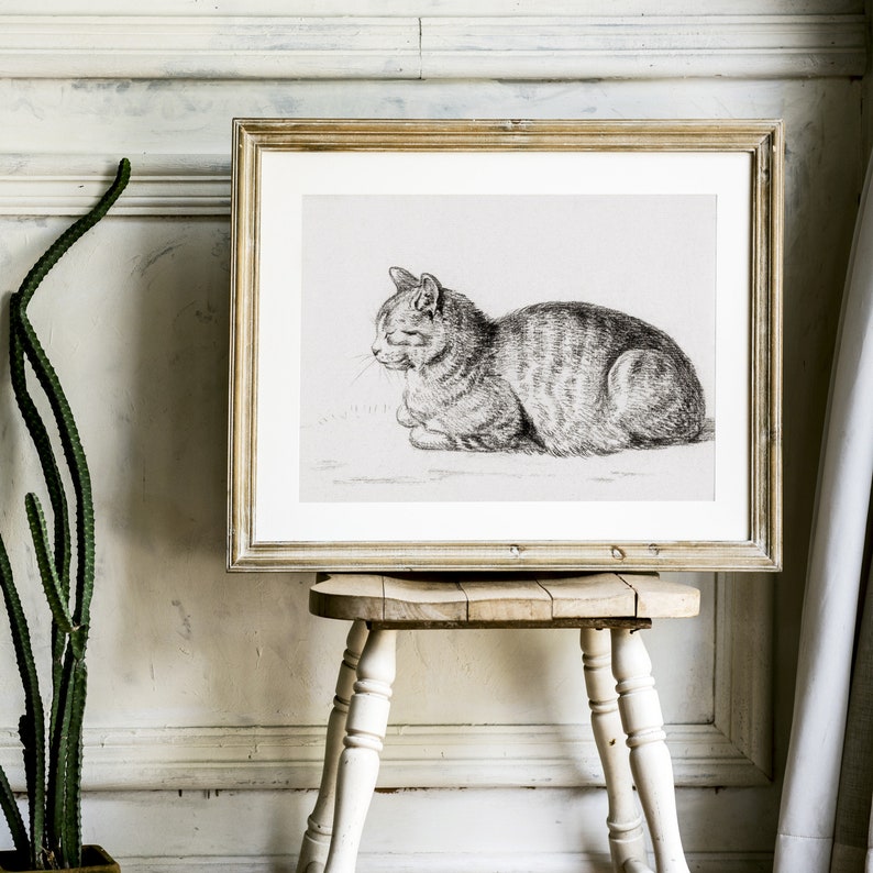 May include: A black and white line drawing of a cat lying down, framed in a light wood frame. The frame is sitting on a white wooden stool.
