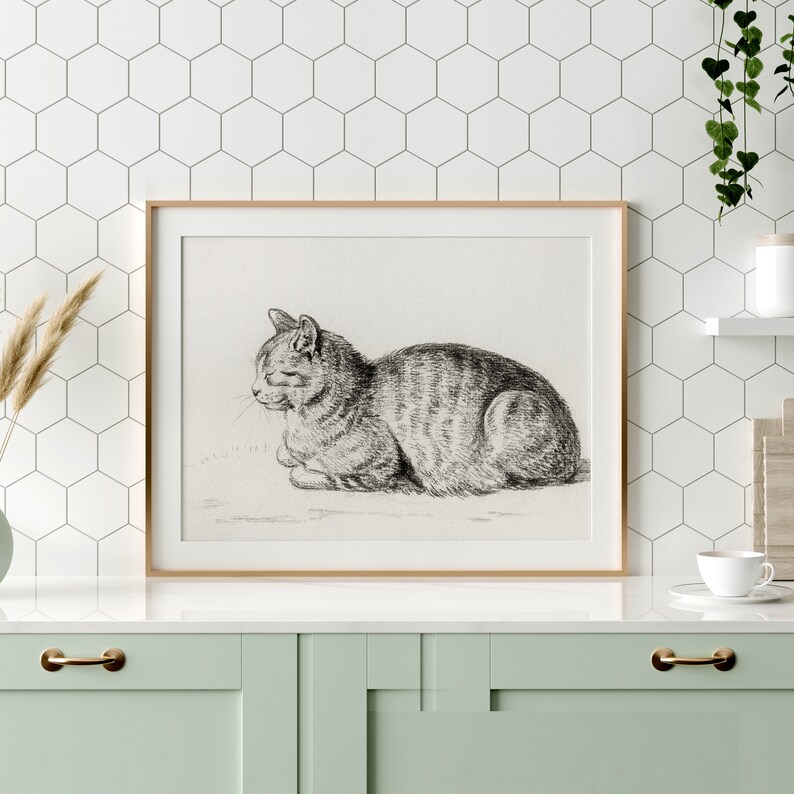 May include: A black and white line drawing of a cat sitting on a white background. The cat is looking to the left and has its tail curled around its body. The drawing is framed in a light wood frame.