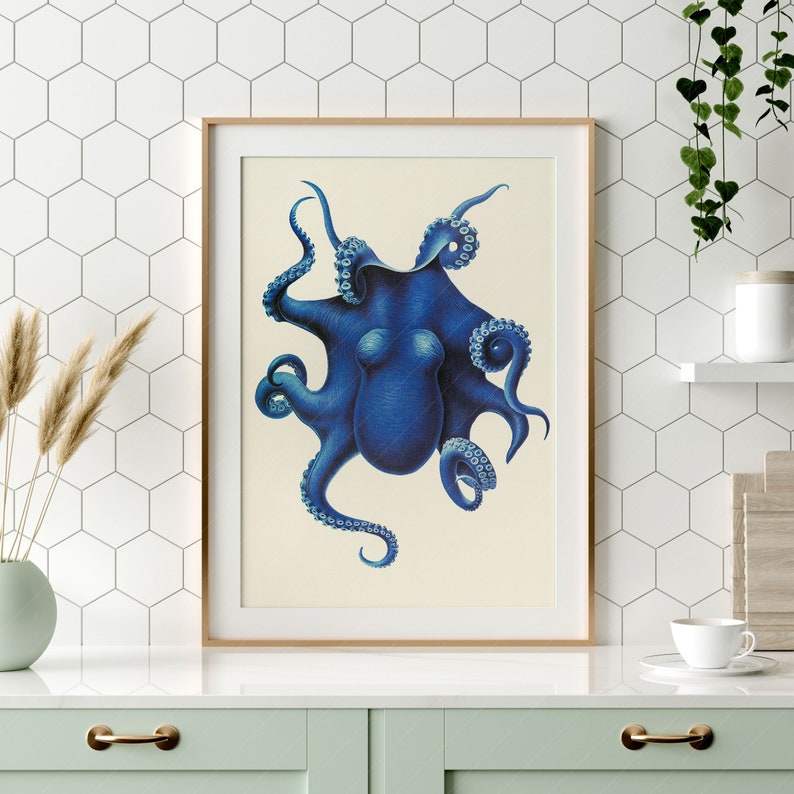 May include: A vintage illustration of a blue octopus with eight tentacles. The octopus is depicted in a detailed and realistic style, with its tentacles curled and extended in various directions. The illustration is set against a white background.