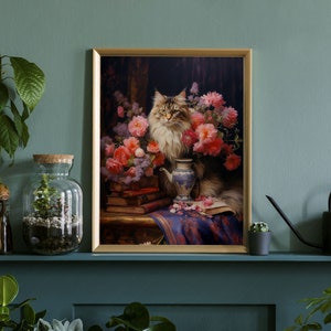Fleurs et chats, cadeau pour amoureux des chats, impression de chat, nature morte de fleurs sombres, peinture à l'huile ancienne, art félin, art floral de mauvaise humeur, impression de pivoines, maine coon image 3
