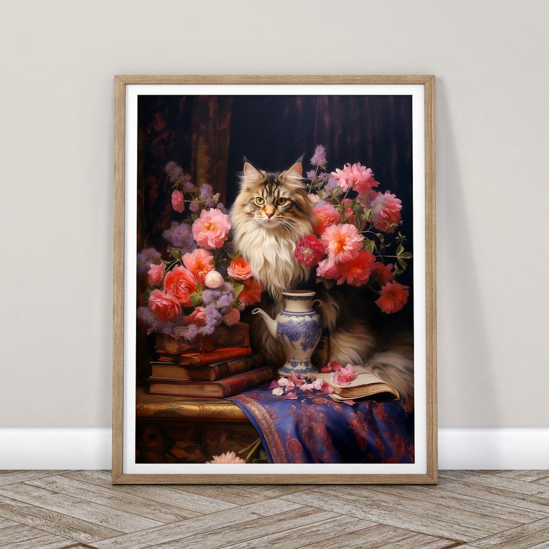 Fleurs et chats, cadeau pour amoureux des chats, impression de chat, nature morte de fleurs sombres, peinture à l'huile ancienne, art félin, art floral de mauvaise humeur, impression de pivoines, maine coon image 2