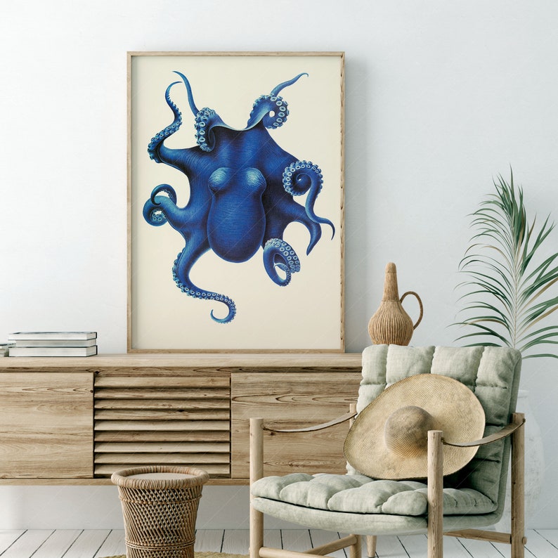 May include: A vintage illustration of a blue octopus with eight tentacles. The octopus is depicted in a detailed and realistic style, with its tentacles curled and extended in various directions. The illustration is set against a white background.