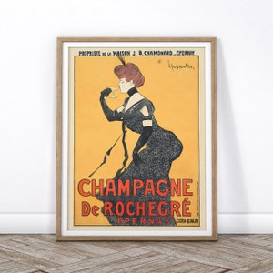 Champagne de Rochegre, publicidad vintage, póster de bebida, decoración de pared para fiestas, lámina de vino, mujer elegante, chica francesa de bar, celebración de espumosos