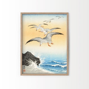 Póster de Ohara Koson, arte mural japonés, póster vintage de aves, arte retro, idea de regalo de Navidad, pintura de olas, paisaje de playa, vista al mar