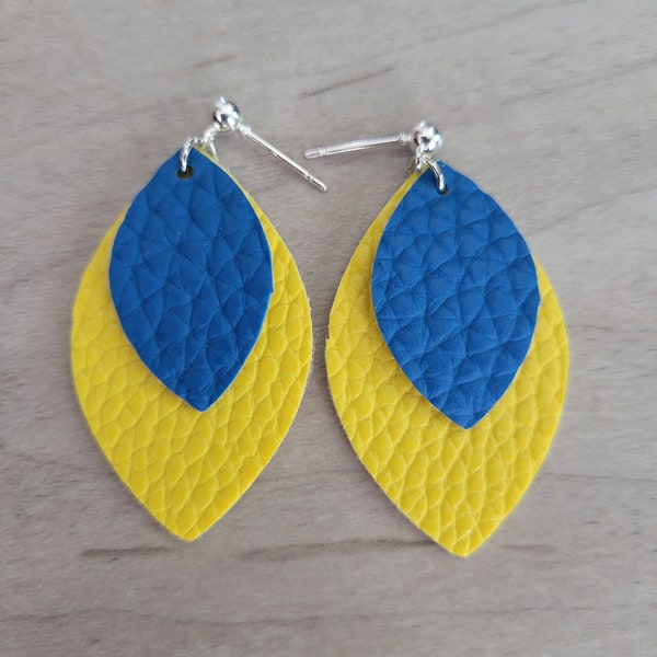Blue and Yellow Leaf Layered Faux Leather Earrings | Nickel Free | Posts | Lightweight | Diffuser Earrings | Ukraine Support
