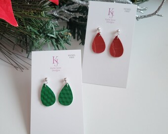 Red Teardrop Earrings | Green Teardrop Earrings | Holiday Earrings | Petite Earrings | Faux Leather | Nickel Free | Posts | Lightweight