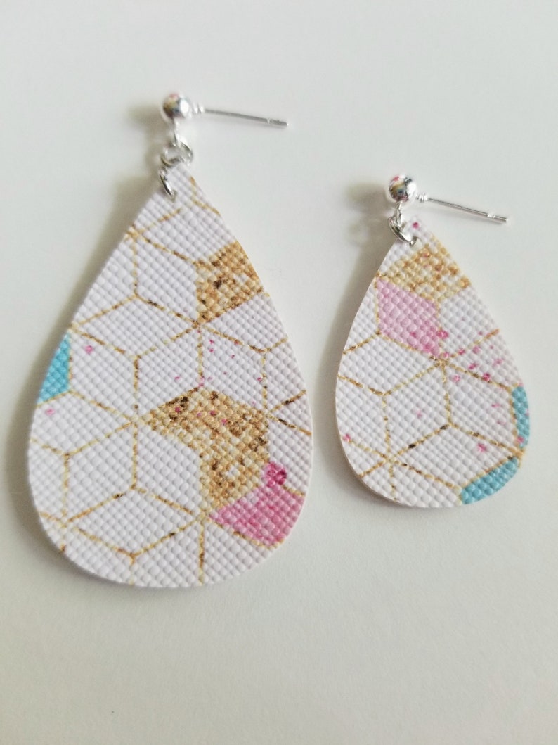 Teardrop Posts Nickel Free Geometric Patterned Faux Leather Earrings Lightweight
