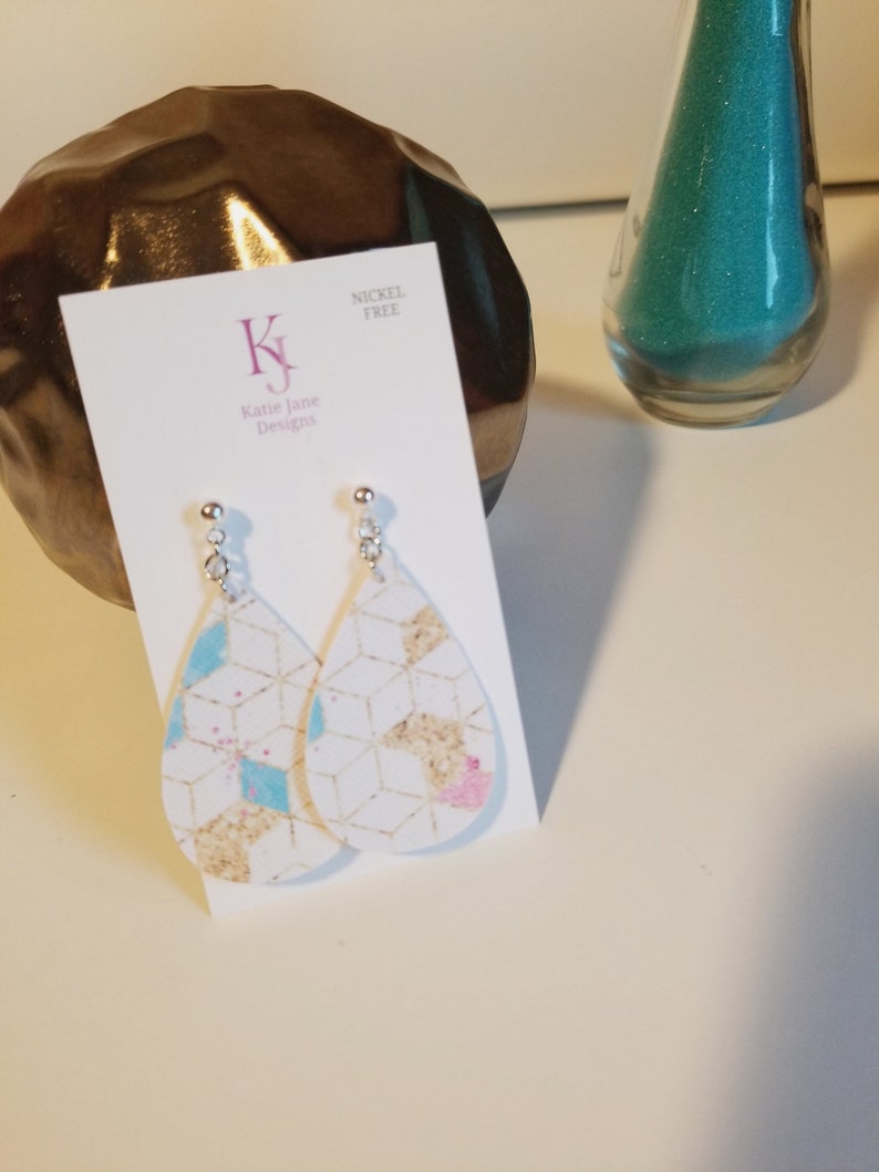 Teardrop Posts Nickel Free Geometric Patterned Faux Leather Earrings Lightweight
