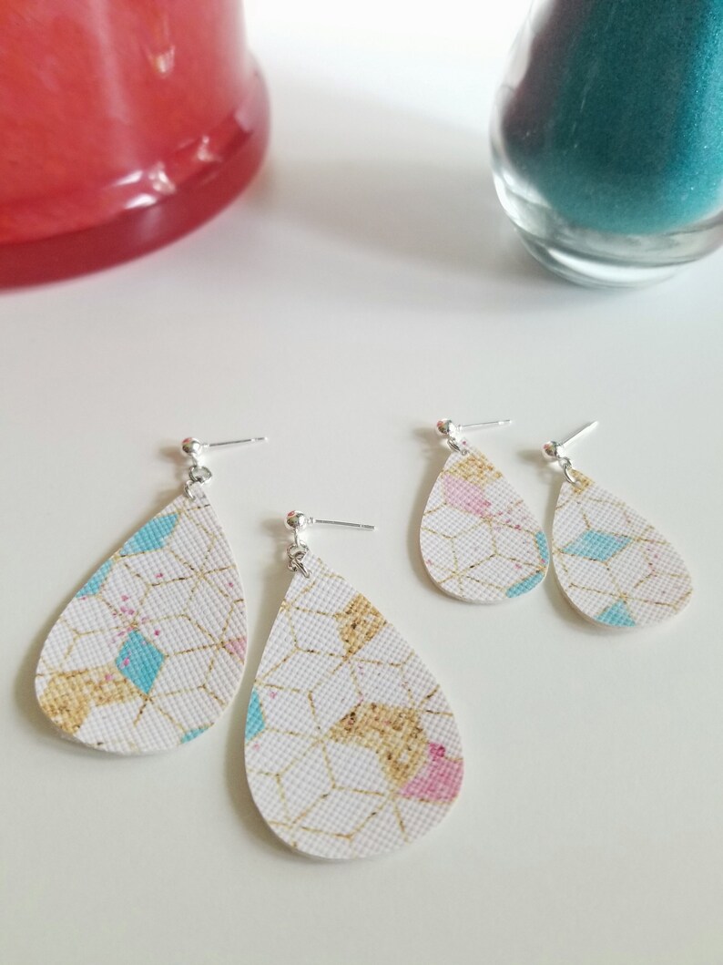 Teardrop Posts Nickel Free Geometric Patterned Faux Leather Earrings Lightweight