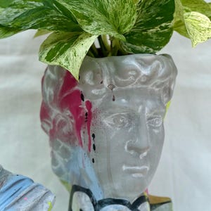 May include: A grey bust planter with colourful graffiti accents, holding a vibrant green and white plant. The planter features a classical sculpture design with pink, blue, and black paint details, creating a unique decorative piece.