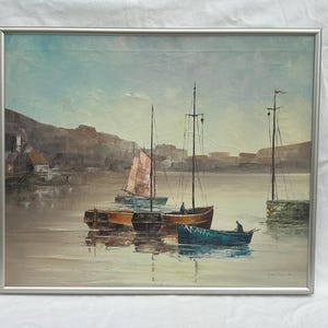 Vintage Art / Oil Painting / Sailboat Art / Vintage Painting / Boat / Art / Painting / Framed Art / Vintage Decor / Vintage / Signed Art