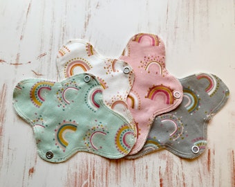 Thin panty liner, sustainable rainbow design, made from 100% cotton flannel with wings