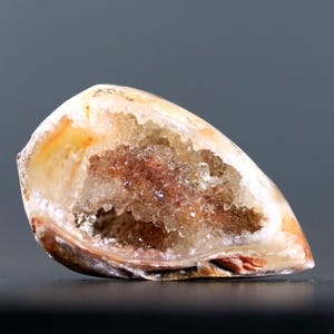 May include: A polished, geode specimen with a hollow interior filled with sparkling crystals. The outer shell is a mix of beige, orange, and brown hues, while the inner crystals display reddish-brown tones. The geode is cut to reveal its crystalline structure.