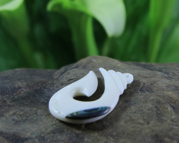 Hand Carved Bone Abalone Inlay Fish Hook Pendant Hand Carved Bone Abalone Inlay Fish Hook Pendant