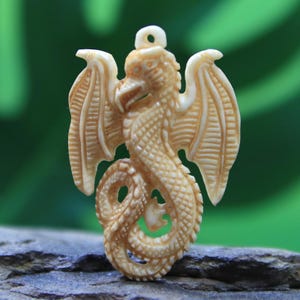Dragon Pendant Mythological Creature Hand Carved Bone Men Necklace