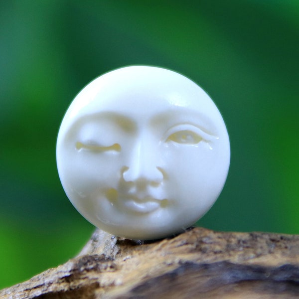 Winking Moon Face 20mm Hand Carved Bone Cabochon DIY Glue on Jewelry Supply