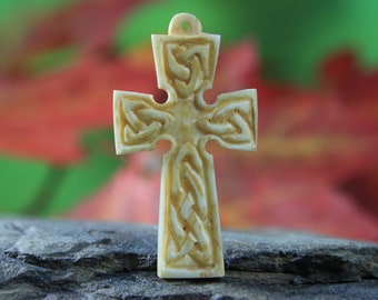 Cross Pendant Hand Carved Bone Religious Jewelry Antique Look