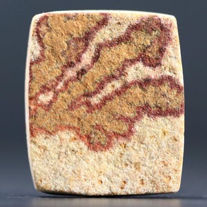 May include: A rectangular stone with rounded corners. The stone features a textured surface with a light beige base. Bold, wavy, reddish-brown lines traverse the upper portion, creating a striking contrast. The stone's design is reminiscent of natural patterns.