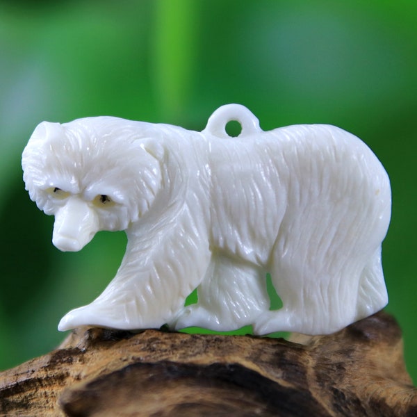 Hand Carved Bone Pendant Bear Sculpture Spirit Animal Necklace Centerpiece
