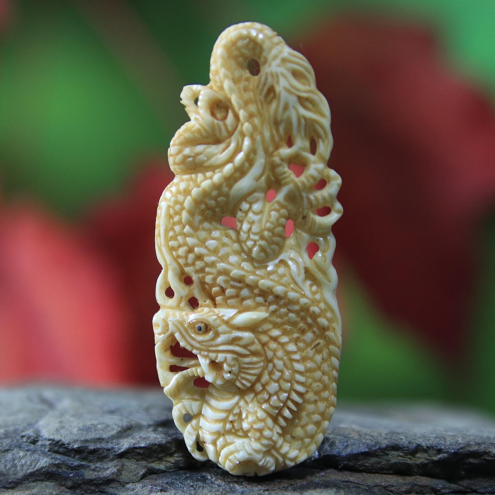Intricately Carved Bone/Faux Ivory (?) Dragon Buckle 1366 Custom Dragon w/ Stones Buckle - Jeff Deegan Designs main image 2