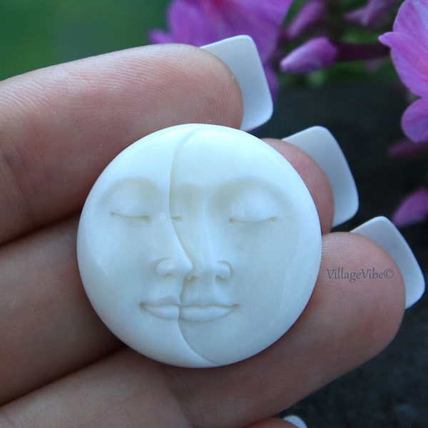 Carved Bone Moon Phase Cabochon Closed Eyes Round Face 25mm