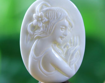 Victorian Lady Cameo Cabochon Hand Carved Bone Woman Portrait Pendant Setting