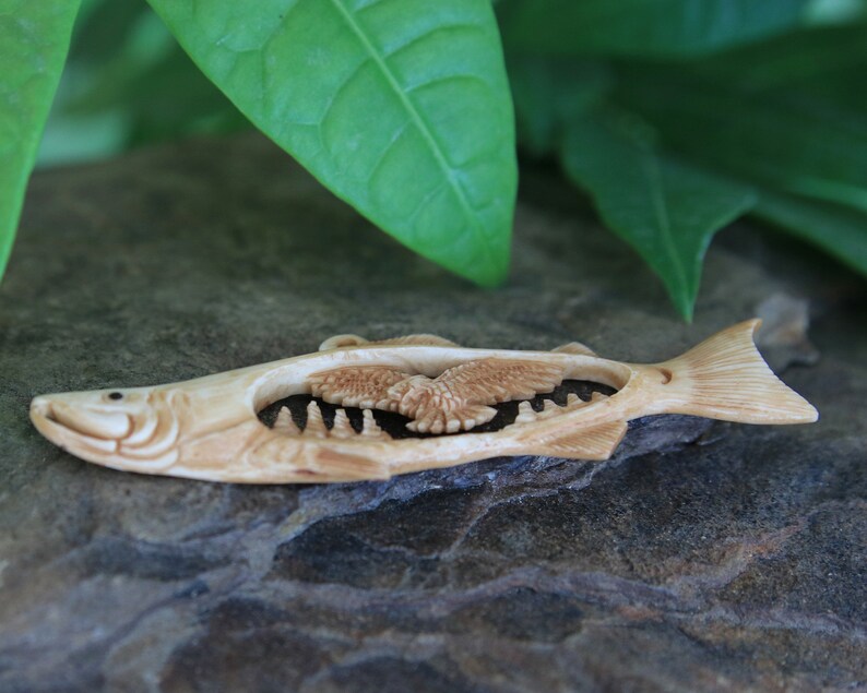 Fish Eagle Bone Carving Pendant Spirit Animal Totem Antique Look image 2