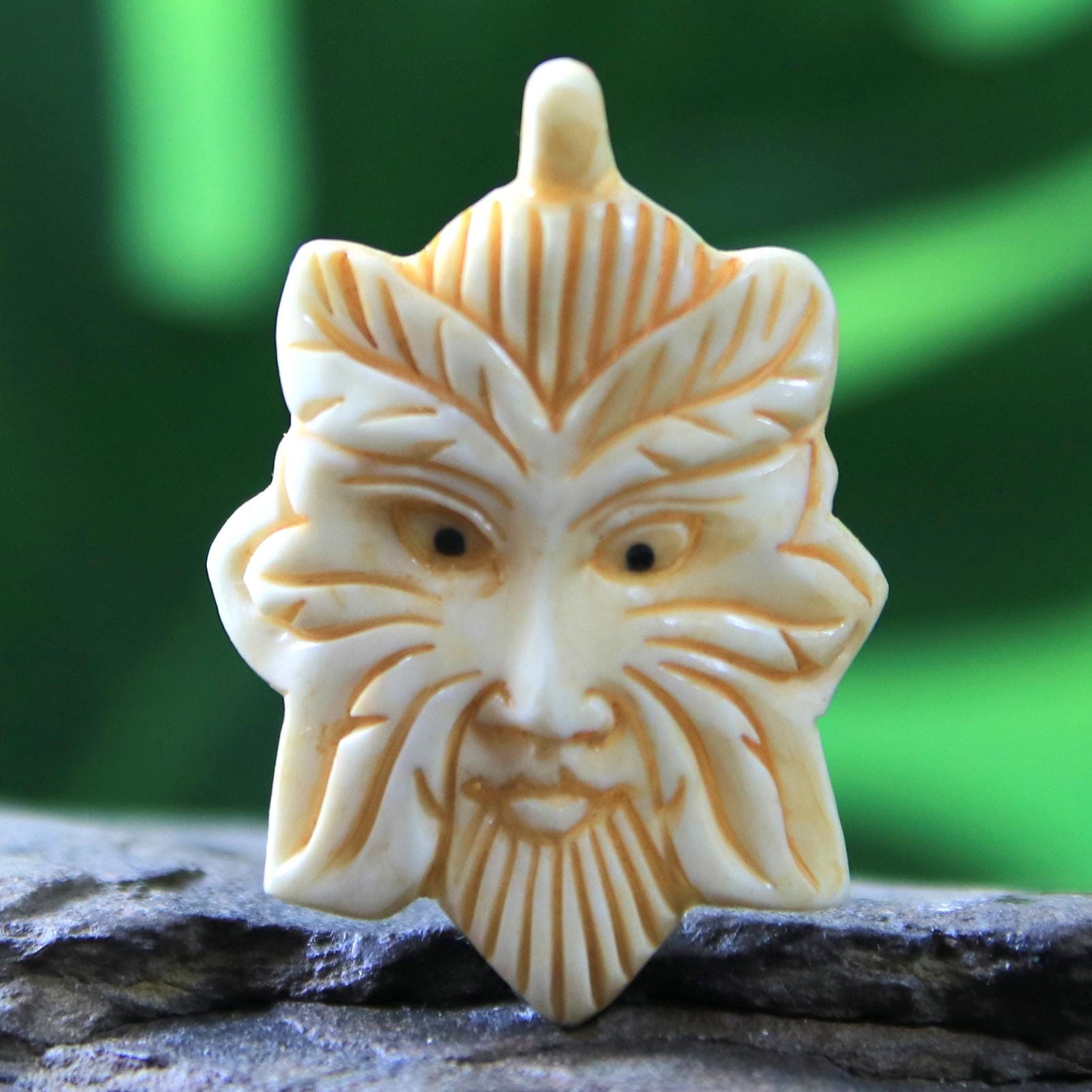 Green Man Pendant Hand Carved Bone Cabochon Symbol of Rebirth Antique Look