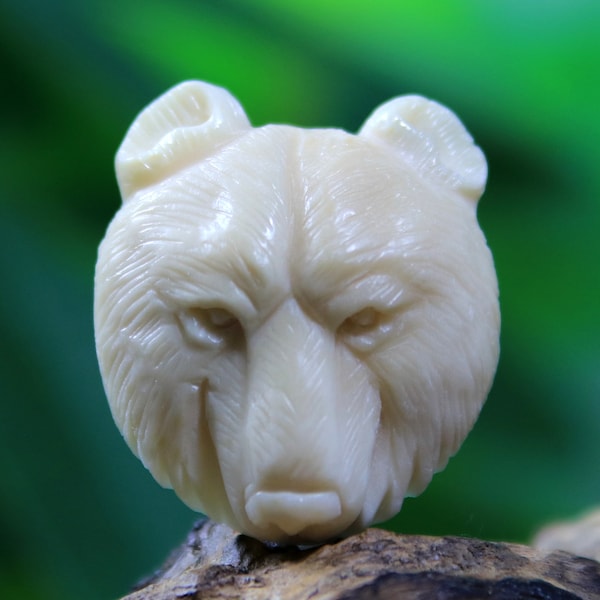 Hand Carved Tagua Nut Cabochon, Bear Head Carving Symbol of Courage and Strength, Organic Jewelry Supply