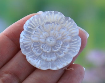 Hand Carved Mother of Pearl Flower Cabochon, Shell Carving