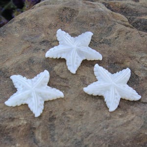 May include: Three white starfish with detailed textures are arranged on a textured, brown surface. The starfish have five points and a slightly pearlescent sheen, suggesting a natural material. The overall aesthetic is coastal and decorative.