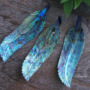 Peut inclure: Trois pendentifs en forme de plumes en coquillage d'ormeau irisé. Les plumes présentent une gamme de bleus, de verts et de violets, avec des veines détaillées. Les pendentifs sont posés sur un fond en bois, avec un peu de verdure dans le coin supérieur droit.