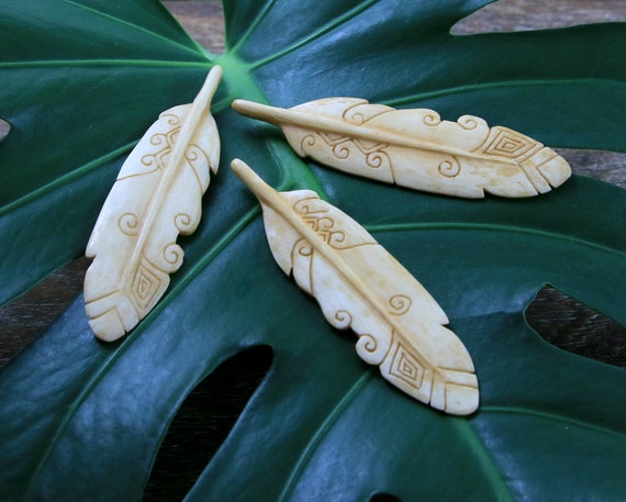 Hand Carved Bone Feather Pendant Tribal Design Antique Look 1 Piece